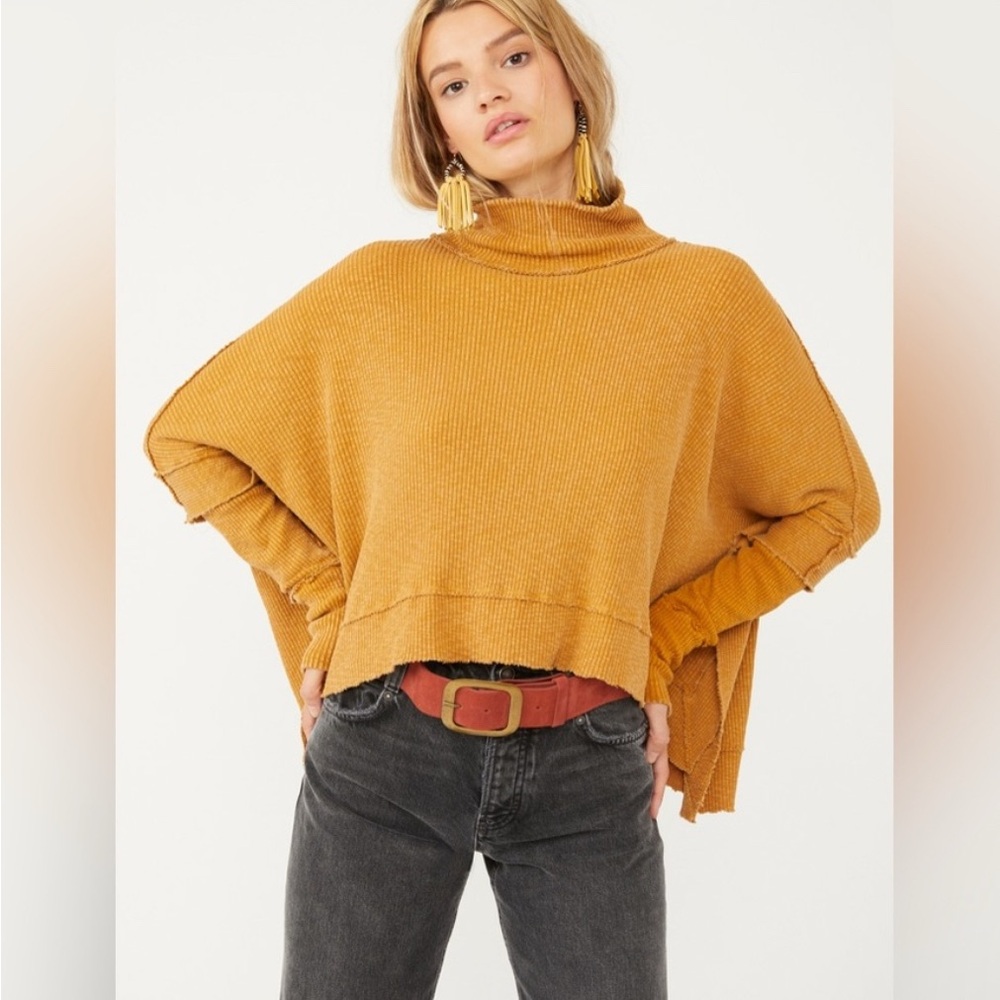 FREE PEOPLE We The Free Yellow Cowl Neck Sweater with Ribbed Knit